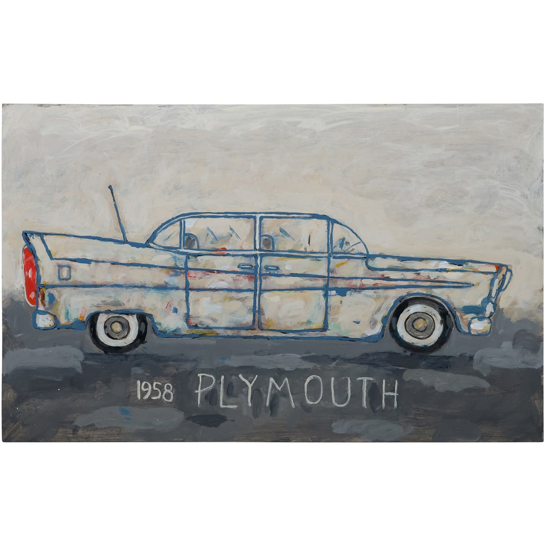 Unsigned Folky Oil Painting "1958 Plymouth", size 24 in. x 15.5 in. (1 of 9)