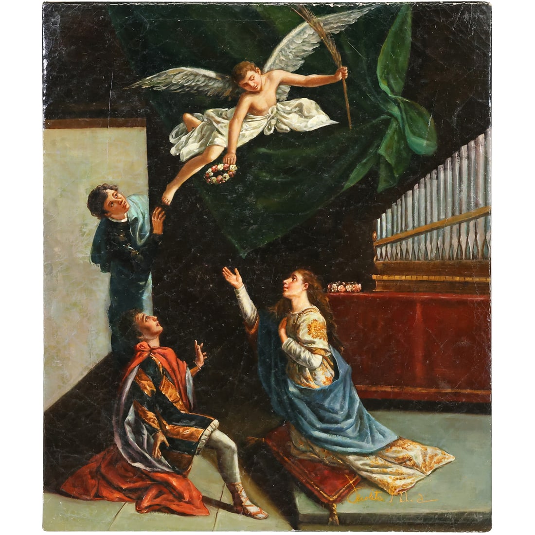 after Gentileschi Orazio,  Saint Cecilia Valerianus And Tiburtius Visited By The Angel, 20th C O/C (1 of 14)