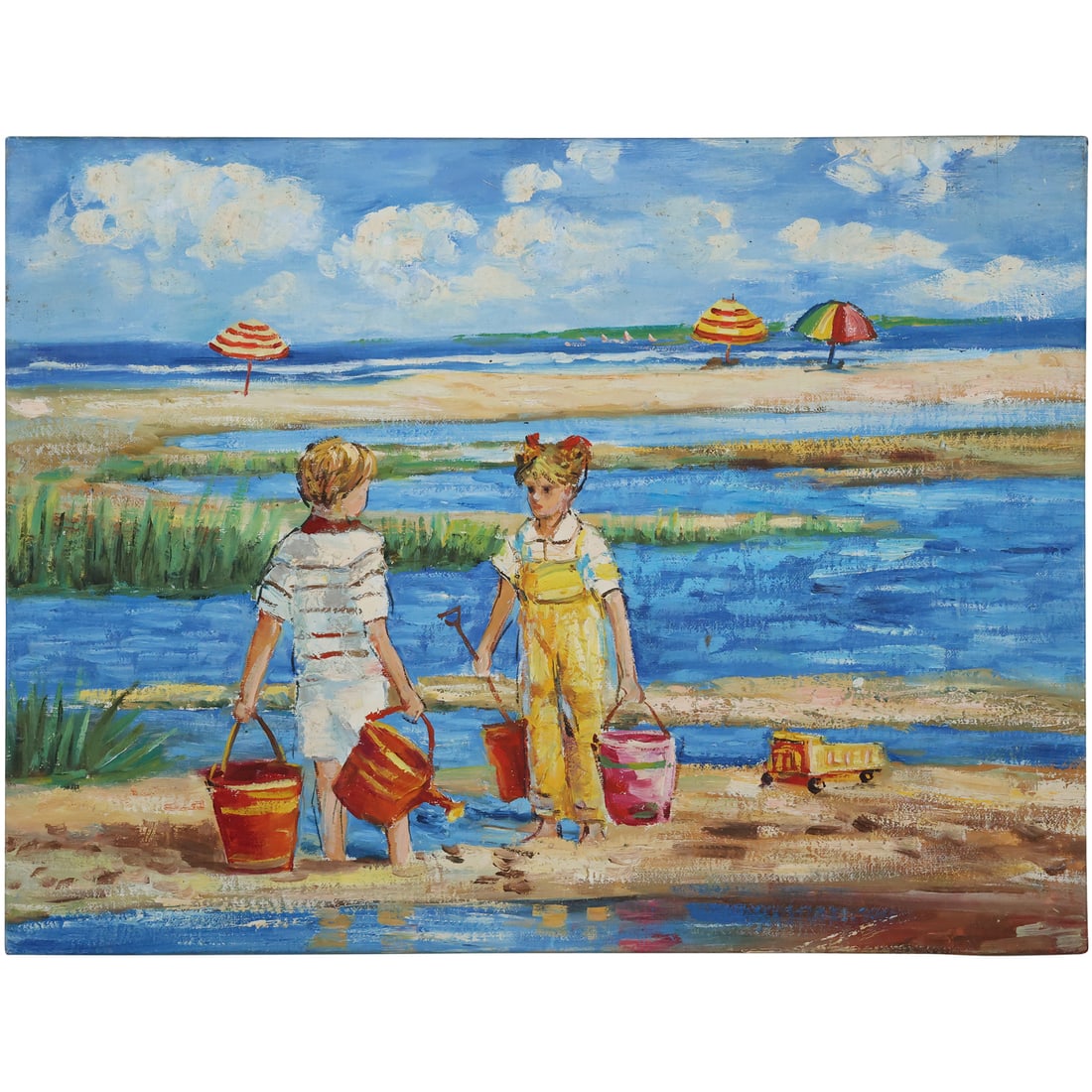 Sally Swatland (Born 1946) American, 20th C. Oil on Canvas Painting Children at Beach, unsigned: Sally Swatland (Born 1946) American, 20th C. Oil on Canvas Painting Children at Beach, unsigned. size: 12 x 16 ; ASKart:Born in Washington DC and raised in Greenwich, Connecticut, Sally Swatland is a 