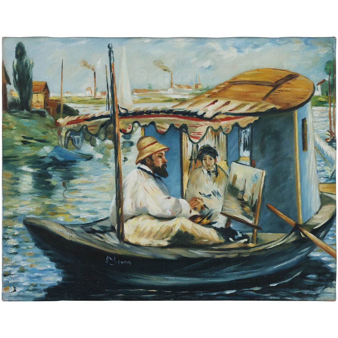 after Claude Monet, "The Boat", 20th C. Oil on Canvas Painting, unsigned, 14 in. x 11 in.: after Claude Monet, "The Boat", 20th C. Oil on Canvas Painting, unsigned, 14 in. x 11 in. size: 14 x 11 ; ASKart: Claude Monet was born in Paris on November 14, 1840. When he was five years old, the f