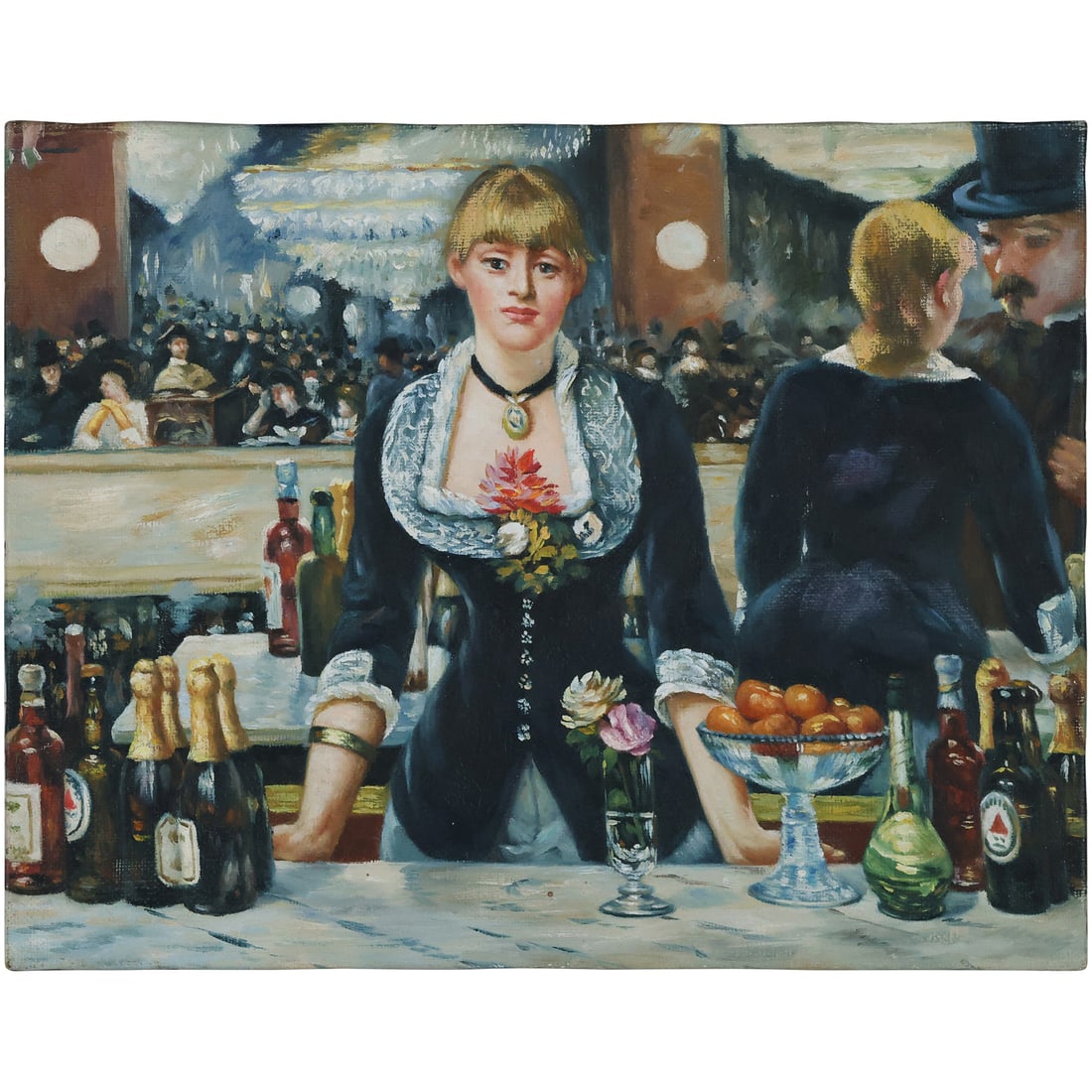 after Edouard Manet, "Bar at the Folies Bergeres", 20th C. Oil on Canvas Painting, unsigned: after Edouard Manet, "Bar at the Folies Bergeres", 20th C. Oil on Canvas Painting, unsigned, size: 11 x 14 ; ASKart: Edouard Manet was born in Paris, France on January 29, 1832. His mother, Eugenie-De