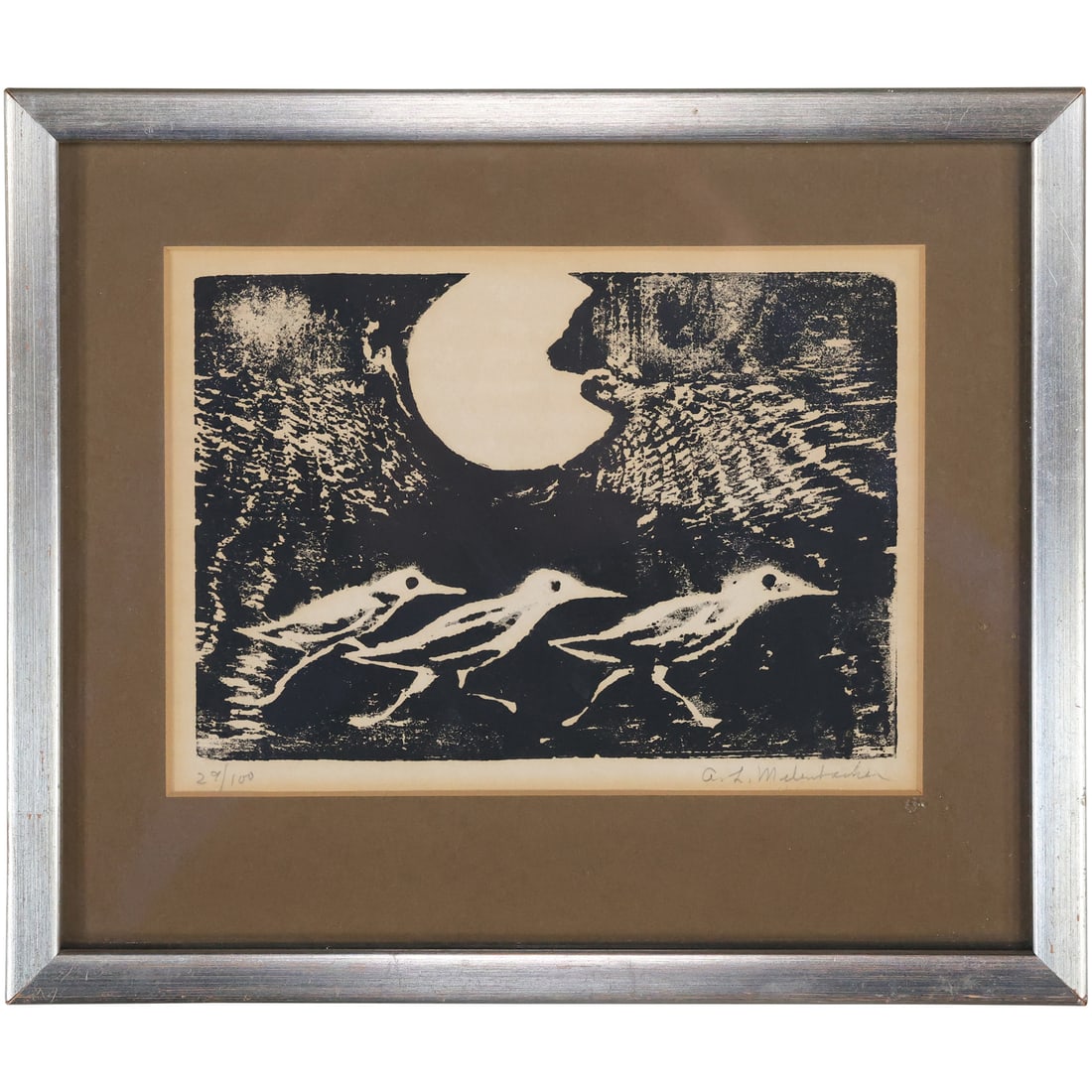 Signed A. L. Melenbacker, #29/100, Vintage Woodblock, "Three Birds", Original Framing: Signed A. L. Melenbacker, #29/100, Vintage Woodblock, "Three Birds", Original Framing. size: 7.5 x 5.5 frame:10.5 x 8.75