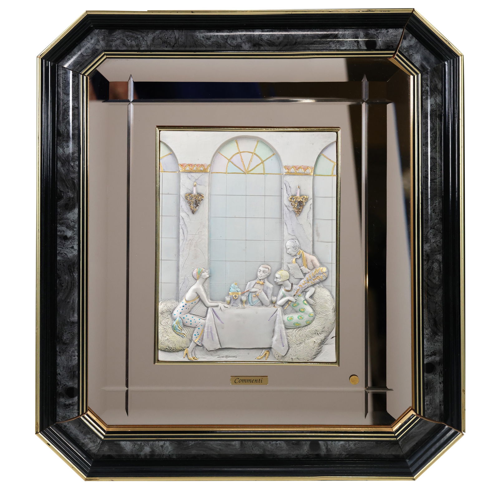 .925 Sterling Silver Relief Plaque "Commenti" Dining Room Scene, Framed, 18 in. x 21 in. (1 of 17)