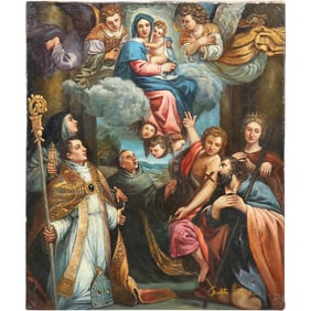 after Annibale Carracci, 1590, Madonna and Child with Saints, 20th C. Oil on Canvas Painting