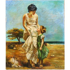 after Giuseppe Pino,  "Joyful Memories", 20th C. Oil on Canvas Painting Artist Signed Illegible