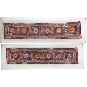 2 Framed Tribal Ethnic Embroidered Textile Panels / Scarves 31 in. length x 7 in. wide