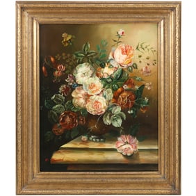 E Tannard, 20th C. Dutch Style Still Life Flowers in Vase Oil on Canvas Painting, Signed, Framed