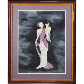 Michael Kerman "Fashion Woman Holding Cockatoo Bird", Watercolor Painting, Framed, Signed