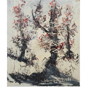 Morris Katz 1984, Jewish American, Acrylic Painting on Board, Trees Blowing in Wind, Signed