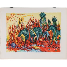 Artist Signed Vintage Color Lithograph Horses Running Through Fire 20 in. x 26 in.