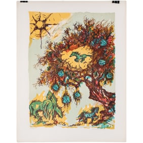 Artist Signed Vintage Color Lithograph Horses Running Through Fire 20 in. x 26 in.