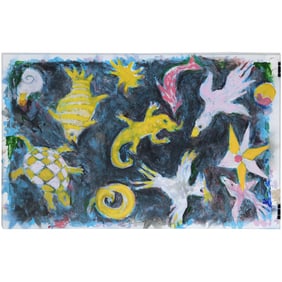 Outsider Art Oil Painting on back of Labor Board  Poster, Assorted Animals, Unsigned
