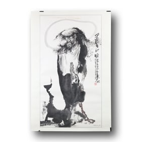Chinese Scroll Ink Wash of a Demon Figure, Signed, full scroll size 41 in. x 27 in.