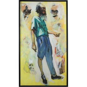 Vintage Painting Oil and Collage on Canvas, Full Standing Portrait of a Beatnik, Framed