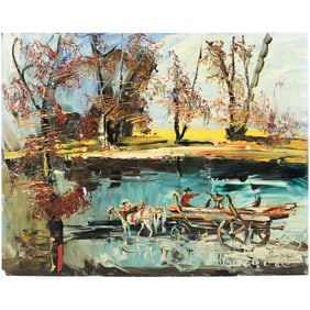 Morris Katz 1979, Jewish American, Acrylic Painting on Board Horse Drawn Work Cart in Landscape