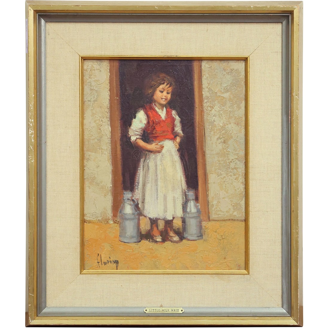 Signed Florian, Oil on Canvas Painting, "Little Milk Maid" , Newman Galleries Philadelphia Label: Signed Florian, Oil on Canvas Painting, "Little Milk Maid" , Newman Galleries Philadelphia Label. And Original purchase receipt for $150.00 in 1967. size: 13.5 x 10.5, outside of frame: 20 x 17