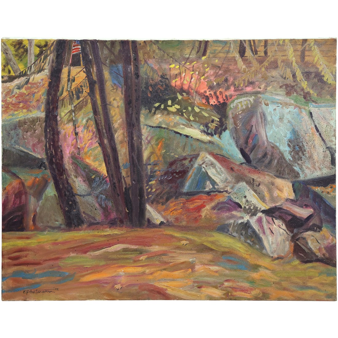 E J Hartmann, American, Oil on Canvas Painting, Rocky Woodland Landscape 24 in. x 30 in.: E J Hartmann, American, Oil on Canvas Painting, Rocky Woodland Landscape 24 in. x 30 in., Signed. 20th C. NJ Artist. size: 24 x 30