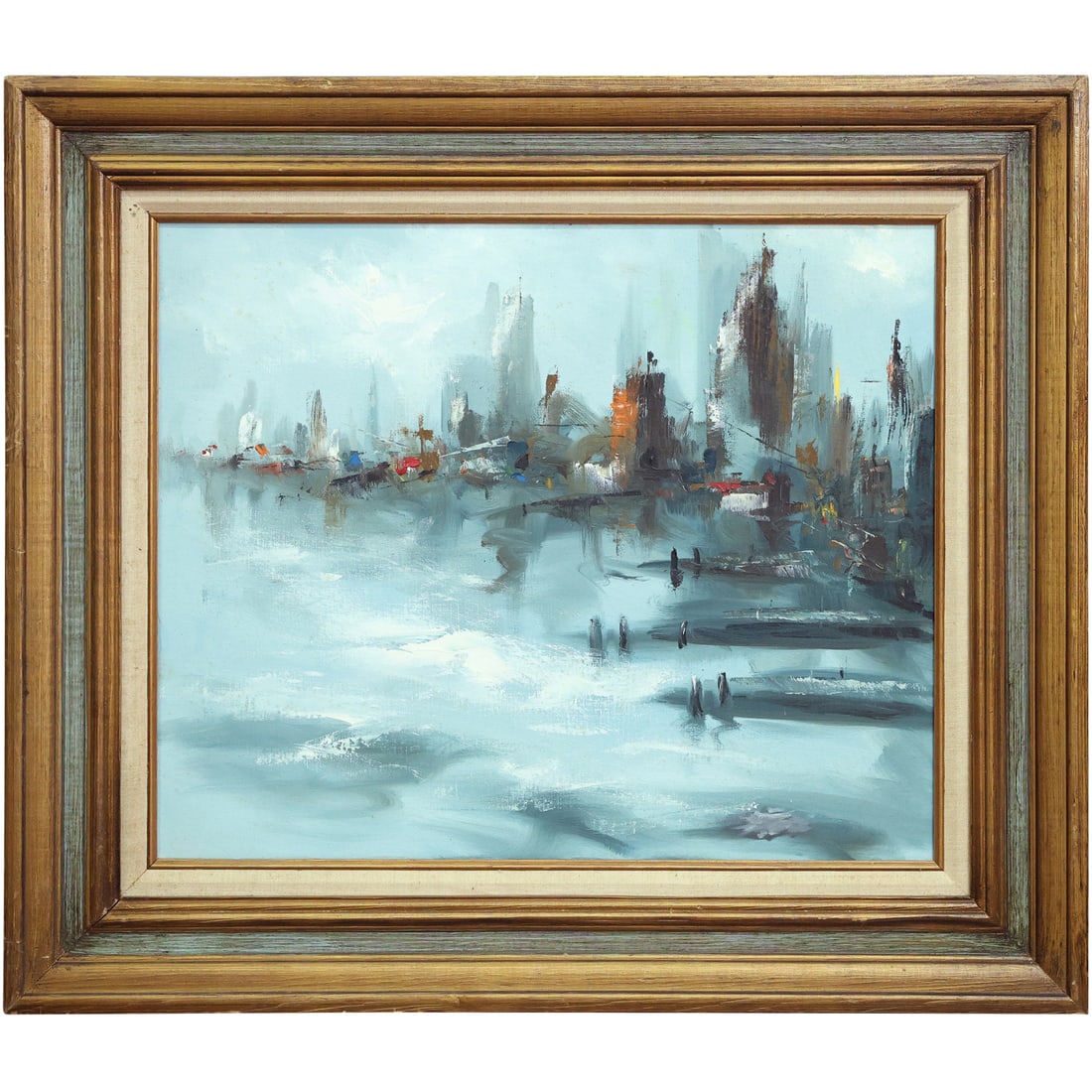 Ramos, Mid-Century Modern Oil on Canvas Painting Cityscape Harbor, Framed, Signed on Verso (1 of 14)