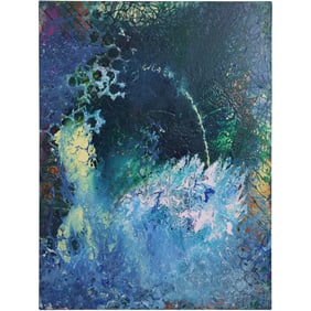 20th C. Blue Abstract Oil on Canvas Painting, unframed, 40 inches x 30 inches