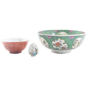 3 Assorted Chinese Fine Porcelain: 2 Bowls and Snuff Bottle - See Pictures