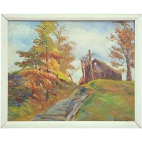 Lottie K Reed, Vintage Oil on Board Painting Countryside Landscape with Barn on Hill, Framed