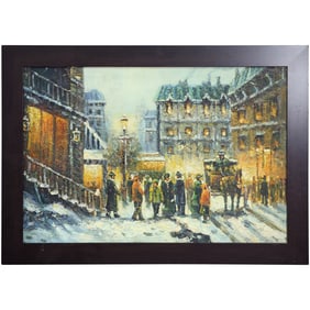 20th C. Impressionist Oil on Canvas Painting Parisian Street Scene with People and Carriage