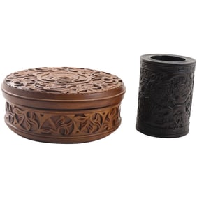 [2] Antique Chinese Carved Covered Round Box and Carved Cylindrical Jar