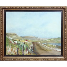 Vintage Oil on Canvas Painting Mountainous Coastal Road Around Lake, Signed Illegible