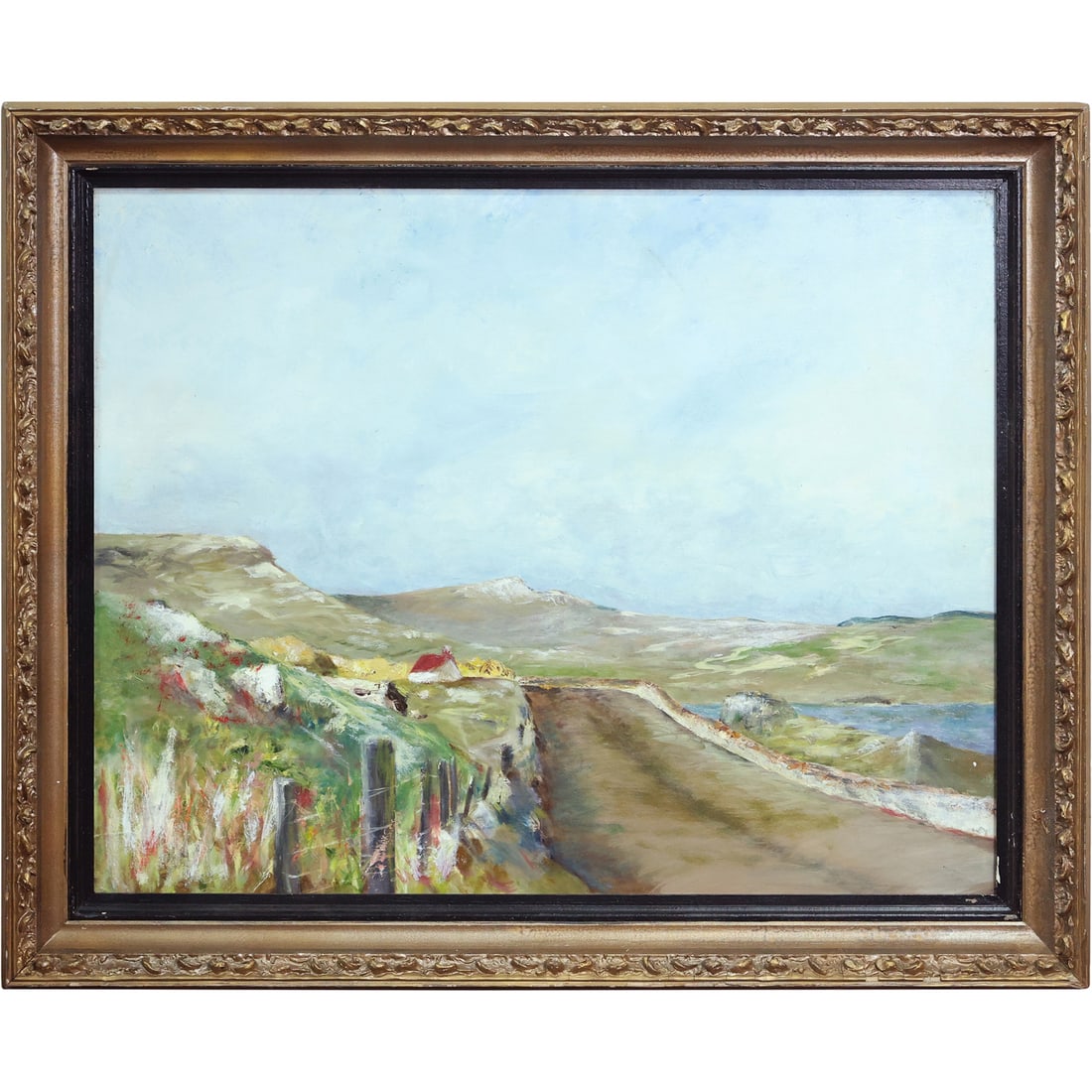 Vintage Oil on Canvas Painting Mountainous Coastal Road Around Lake, Signed Illegible: Vintage Oil on Canvas Painting Mountainous Coastal Road Around Lake, Signed Illegible. size: 24 x 30 , outside of frame: 29 x 35