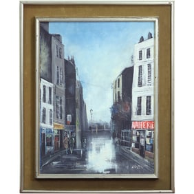 Signed Usto, Oil on Canvas Painting Market Street with Antqiue and Gallery Stores, Signed