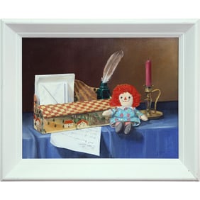 Thomas Taffe, Salmagundi Club, "The Artist's Desk" Raggedy Ann, Oil on Linen Painting, Label