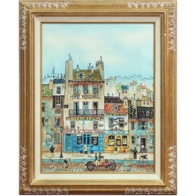 Signed P Jannsen, Oil on Canvas Painting Parisian Street of Stores and Cafes, Signed, Framed