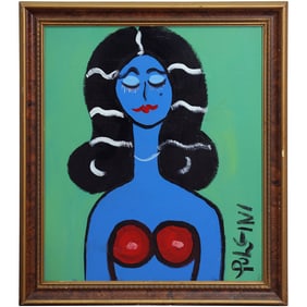 Thomas Pulgini, American, Pop-Art Abstract Oil on Board Painting Blue Woman Portrait, Signed