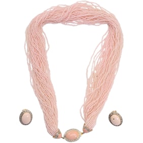 Vintage Murano Venetian Beaded Multi Strand Pendant Necklace with Matching Clip-on Earrings