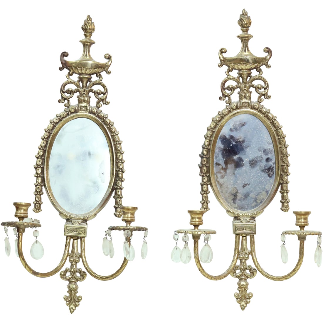 Pair Antique Adams Design 2-Arm Candlestick Wall Sconces, Circa 1940, Oval Mirror Backs (1 of 13)