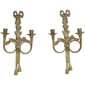 Pair Of Elegant French Bronze Tassel & Bow Shaped Heavy Wall Sconces Double Candle Holders