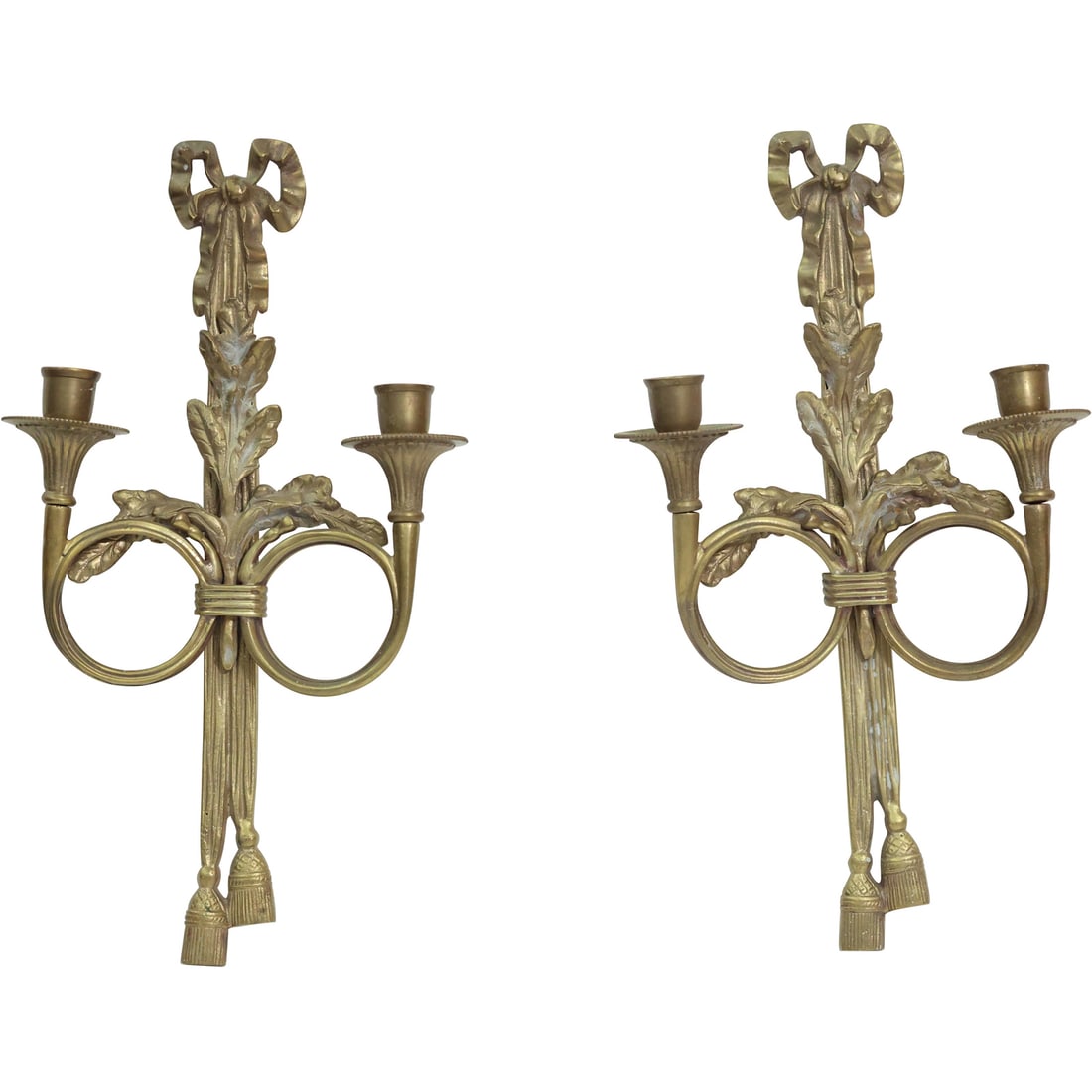 Pair Of Elegant French Bronze Tassel & Bow Shaped Heavy Wall Sconces Double Candle Holders (1 of 11)