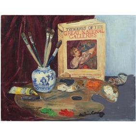 Vintage Oil on Board Painting Artist's Pallet, Paint Brushes and Book Still Life, Signed Illegible