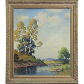 Vintage Oil on Canvas Landscape with Stream, unsigned, Framed