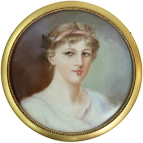 Elite EM Limoges France, 19th C. Round Porcelain Hand Painted Woman Portrait 5.5 in. diameter