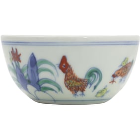 Signed Chinese Porcelain Rice Bowl with Rooster and Chickens 3.25 in. diameter
