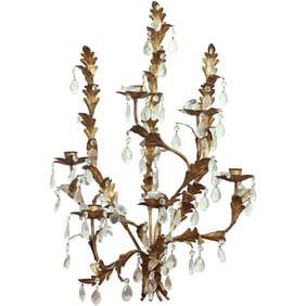 Hollywood Regency Gold Gilt Metal Toleware "Leaves" 6 Candle Light Wall Sconce with Prisms