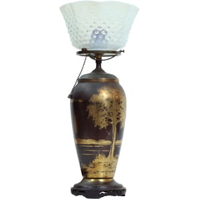 Antique Black Lacquer Gold Gilt Base Table Lamp with Opalescent Hobnail Glass Shade 18 in. height