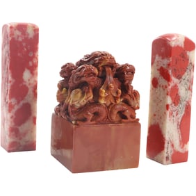 [3] Carved Dragons Chinese Red Soapstone Paperweight and 2 Red Soapstone Chinese Stamps
