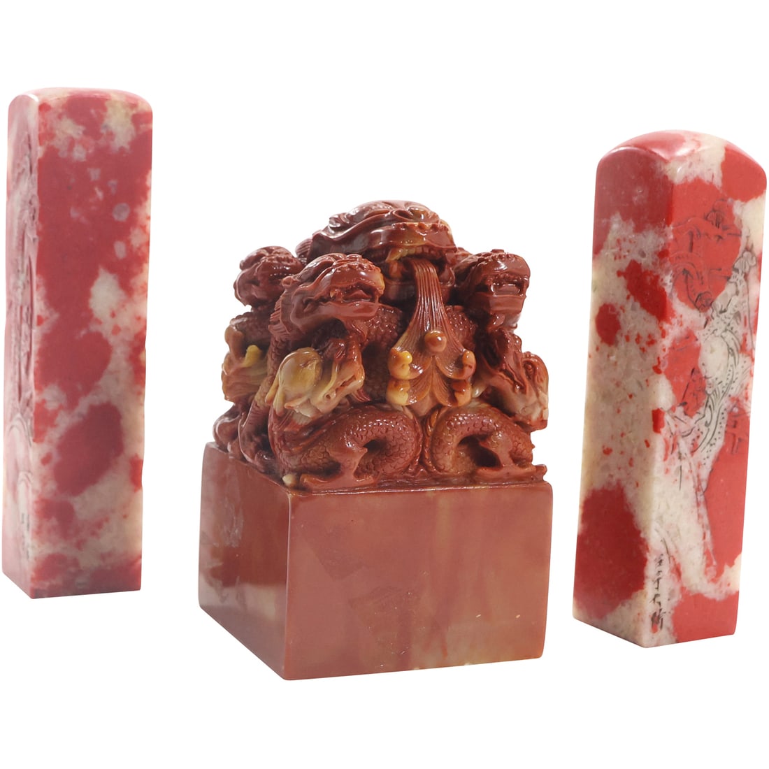 [3] Carved Dragons Chinese Red Soapstone Paperweight and 2 Red Soapstone Chinese Stamps (1 of 20)
