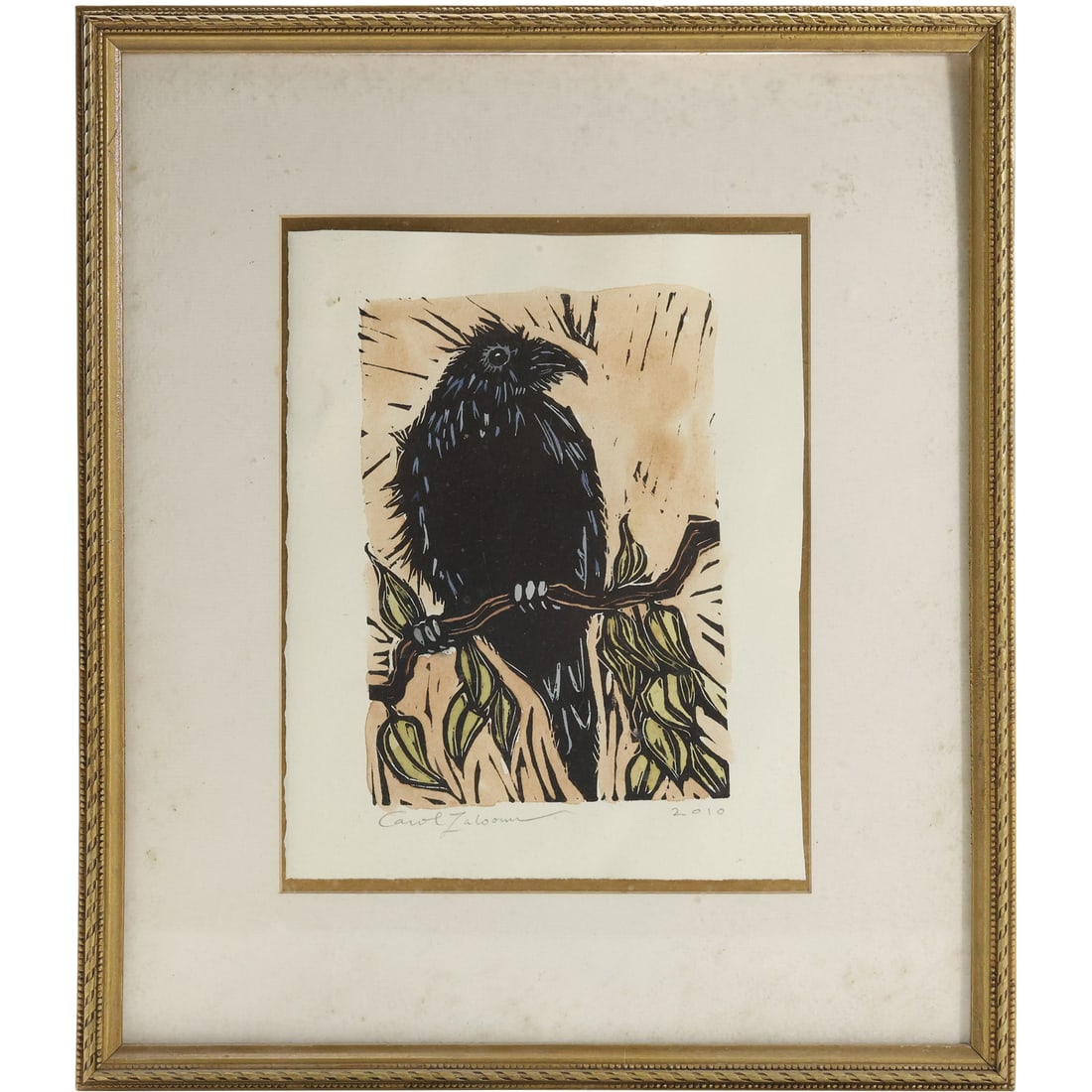 Carol Zaloom, Woodstock NY, 2010, Woodcut Black Bird, Pencil Signed, Framed: Carol Zaloom, Woodstock NY, 2010, Woodcut Black Bird, Pencil Signed, Framed. size: 7 x 5 image , outside of frame: 15 x 13