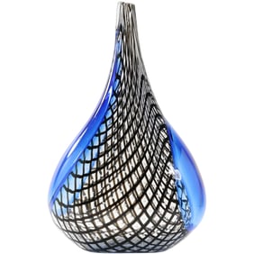 Signed PETER GREENWOOD 1999, Studio Art Glass Bottle Blue with Black Lattice Design 12.5 in. height