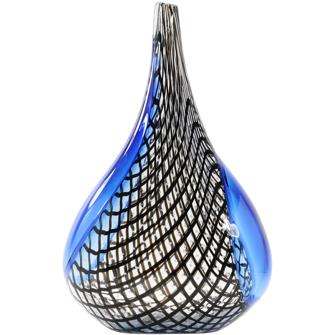 Signed PETER GREENWOOD 1999, Studio Art Glass Bottle Blue with Black Lattice Design 12.5 in. height (1 of 15)