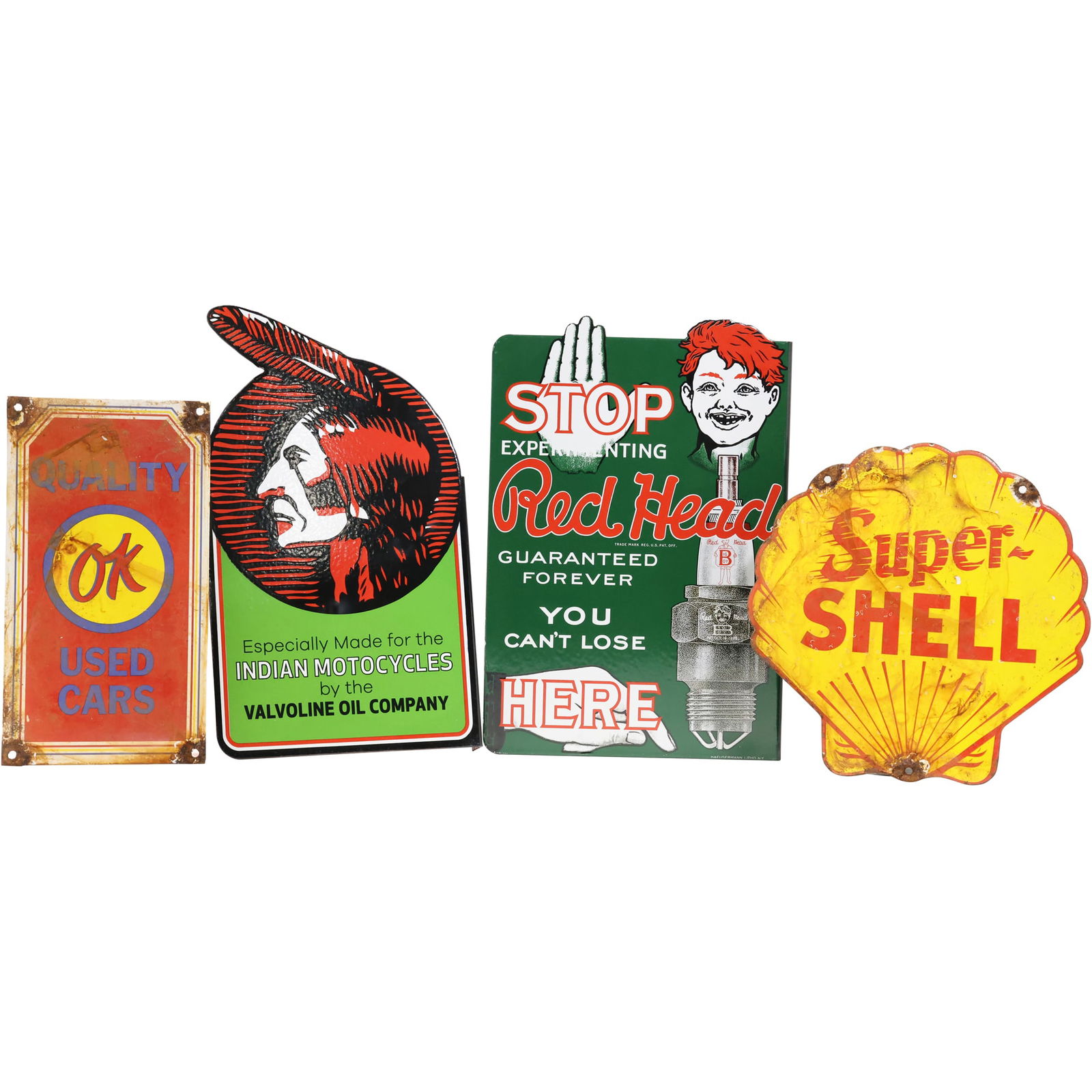 4 Assorted Novelty Metal Signs: OK Used Cars, Indian Motorcycles, Red Head Spark Plugs, SHELL (1 of 12)