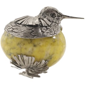 1970's Italian Silver Plated Alabaster Egg Bird Figurine, 3 inches